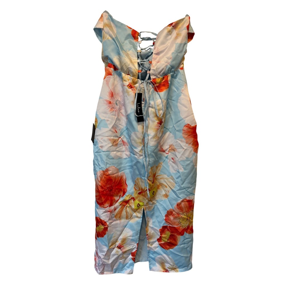 NWT Lulus Oriana Light Blue Floral Satin Strapless Midi Dress Size L - Picture 6 of 7